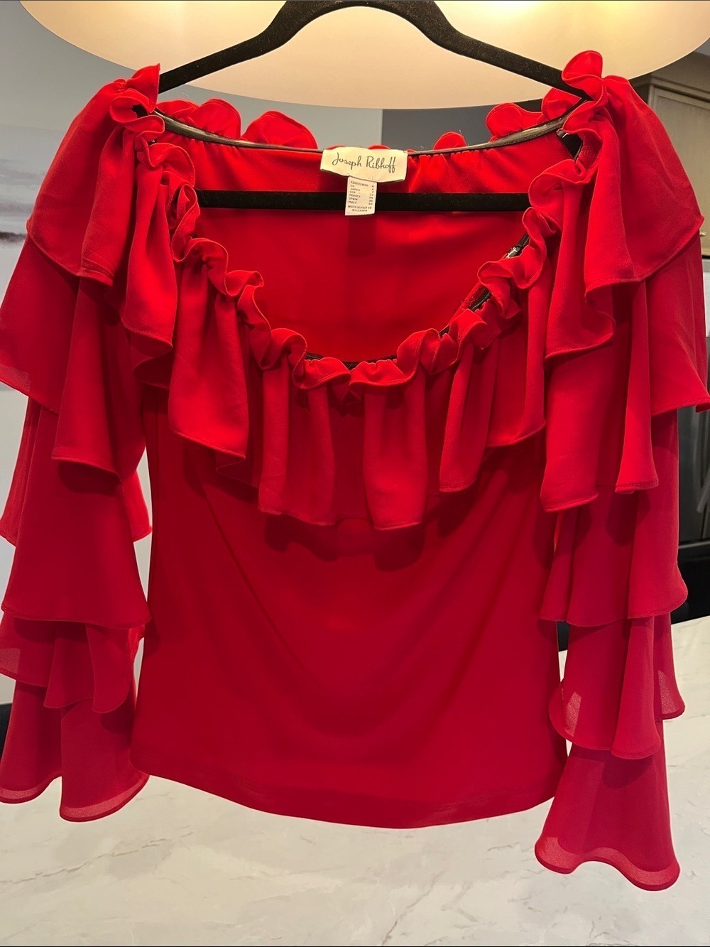 Joseph Ribkoff Red Ruffle Off-Shoulder Blouse - Picture 2 of 6